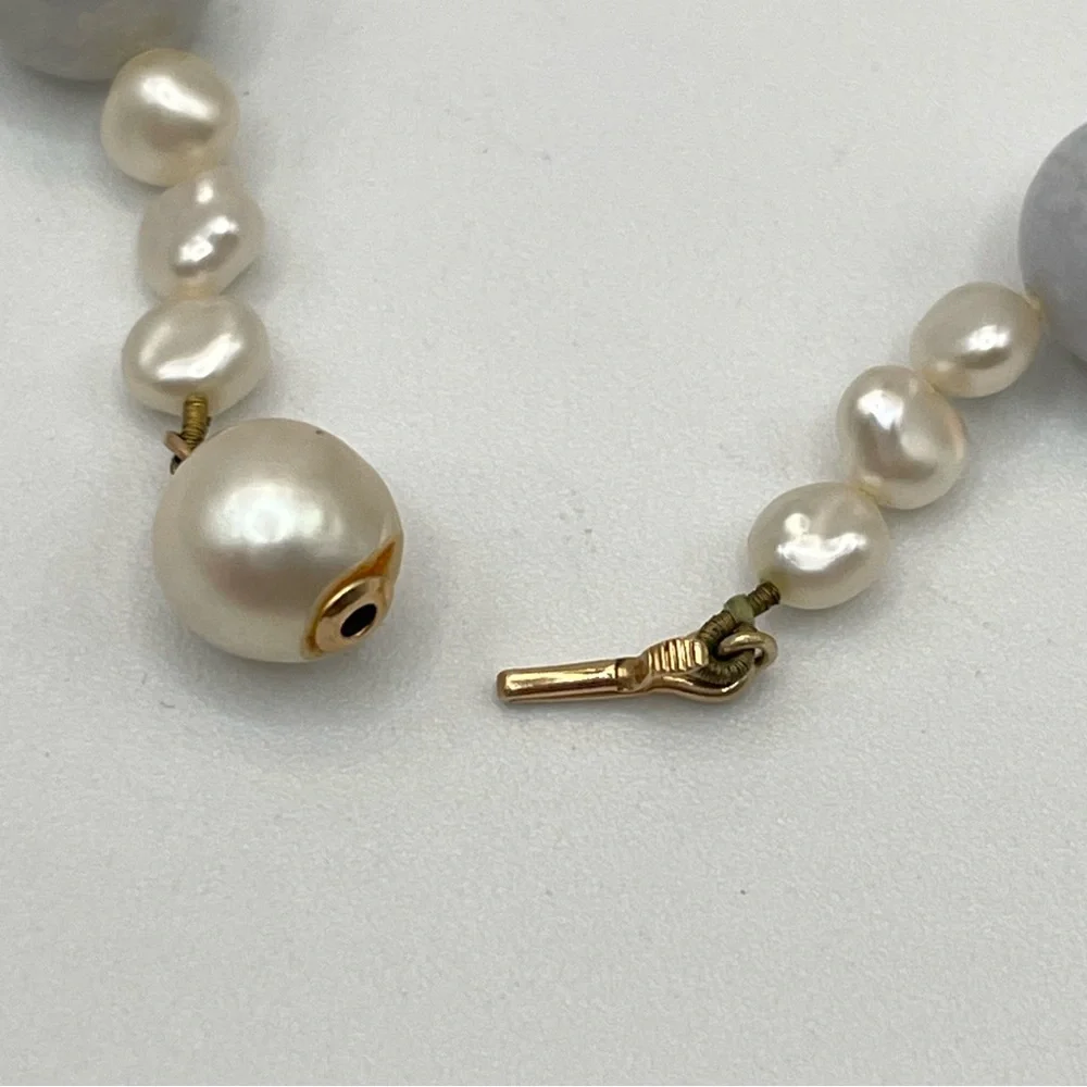 14K Gold Vintage Blue Lace Agate Freshwater Pearl Beaded Statement Necklace Long